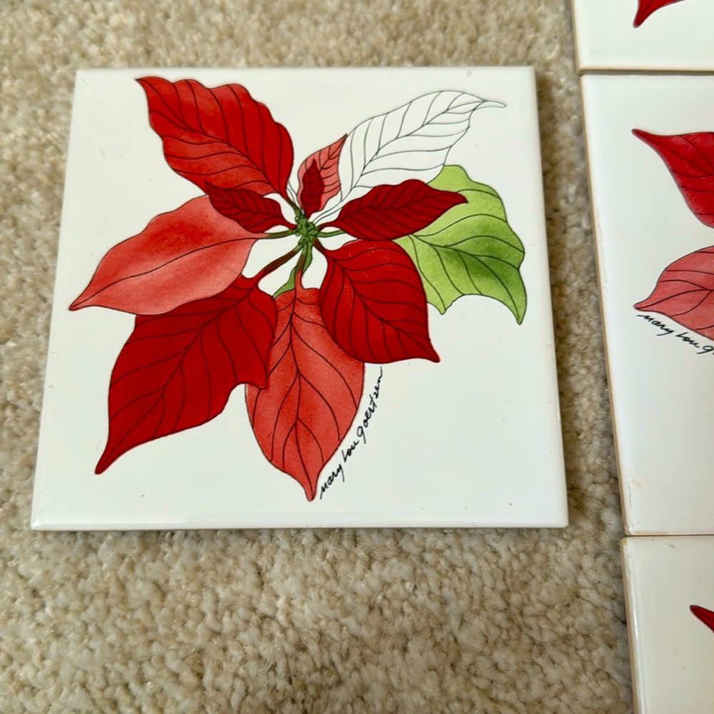 Mary Lou Goertzen 10 Ceramic Cork Poinsettia L. Silva Portugal Drink Coasters